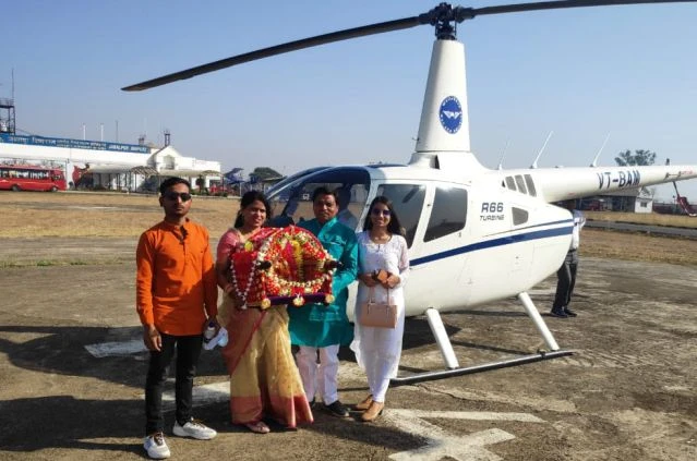 maa Karma Devi palki by helicopter Jabalpur Sahu Samaj