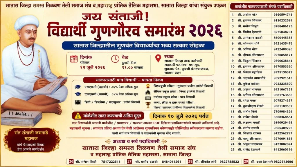 Tilwan Teli Samaj Satara Gunwant Vidyarthi Satkar 2026